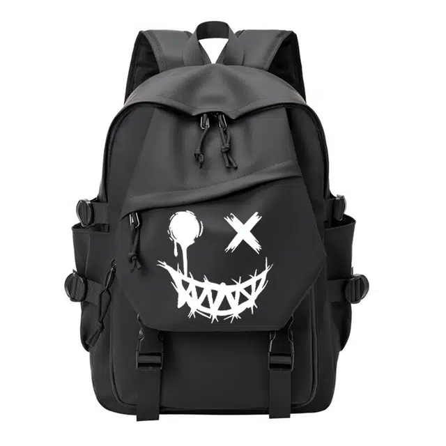 行途 时尚旅行休闲 合成革 双肩包 常规 男女同款情侣款 黑色/黑色字母/黑色笑脸