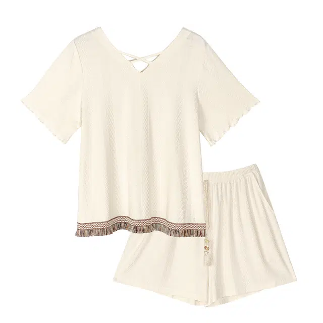 歌倩雅 薄款短袖短裤时尚可外穿睡衣套装 女款 米白色