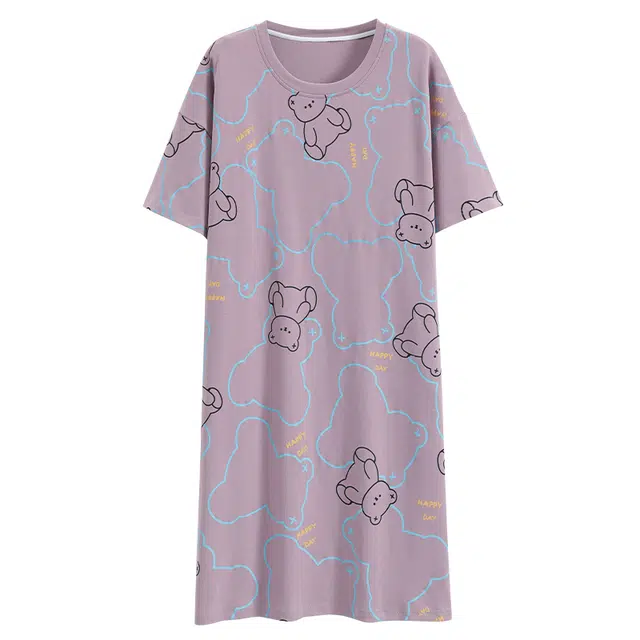 帕兰朵 小熊印花满印圆领带胸垫短袖睡裙 女款 浅紫色