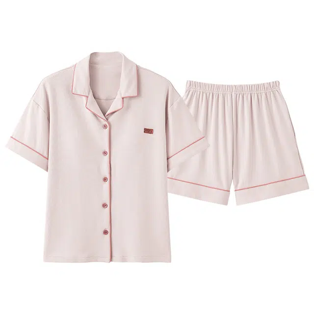 帕兰朵 舒适翻领长袖松紧腰长裤睡衣套装 女款 藕色