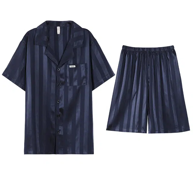 俏薇妮 条纹口袋翻领短袖短裤睡衣套装 男款 宝蓝色