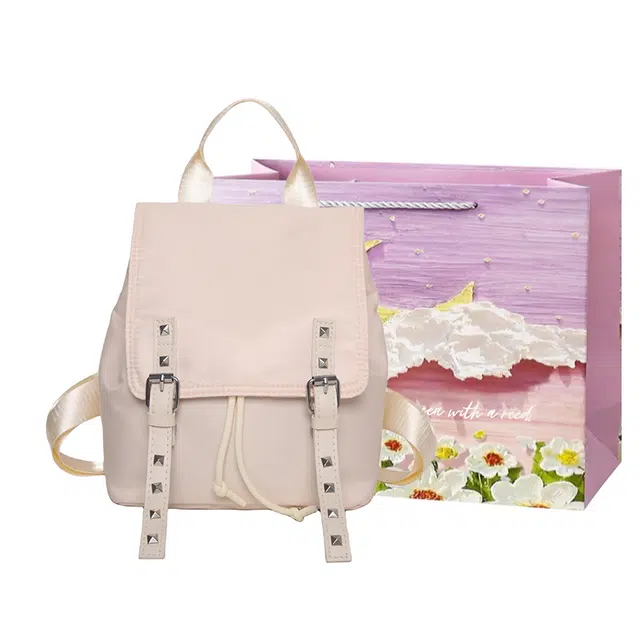 大容量时尚百搭轻便双肩背包简约防水纯色韩版旅行包女士双肩包尼龙布米白色/黑色/棕色