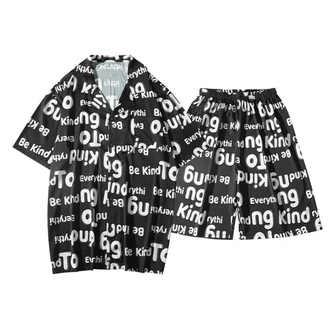 俏薇妮 凉感冰丝睡衣时尚高级感满印字母印花休闲宽松可外穿短袖家居服睡衣套装 男款 黑色