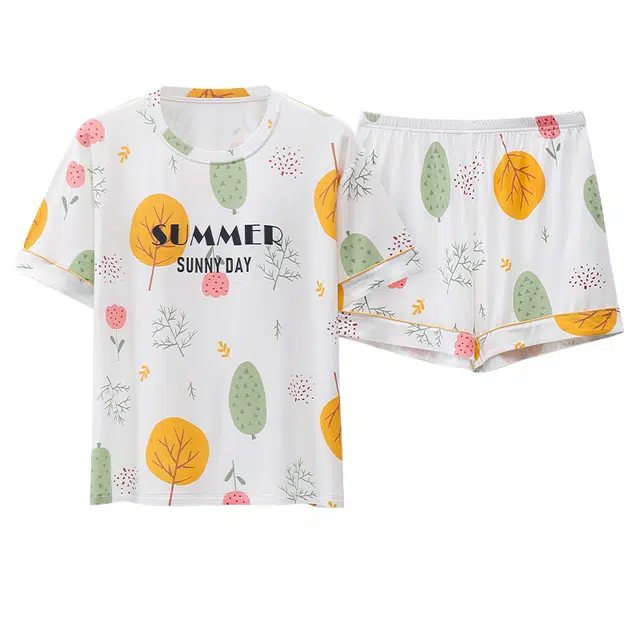 睦隆世家 植物花卉圆领上衣舒适简约短裤睡衣套装 女款 白色