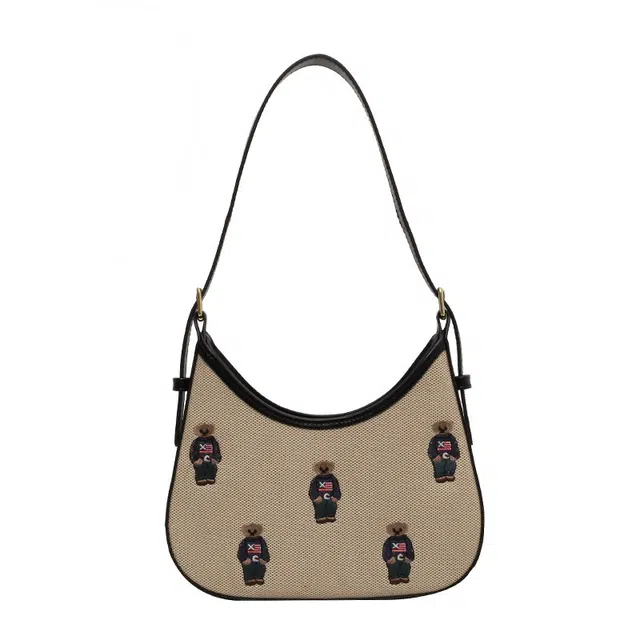 格安诺 高级刺绣质感新月包时尚百搭腋下包斜挎包 帆布 单肩包 女款 米白色卡其色