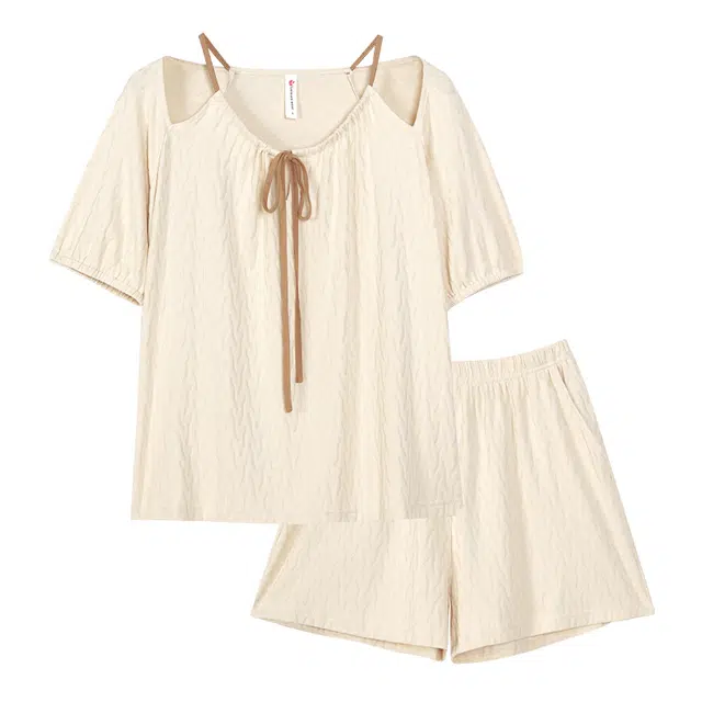 歌倩雅 凉感型圆领短袖松紧腰短裤睡衣套装 女款 杏色