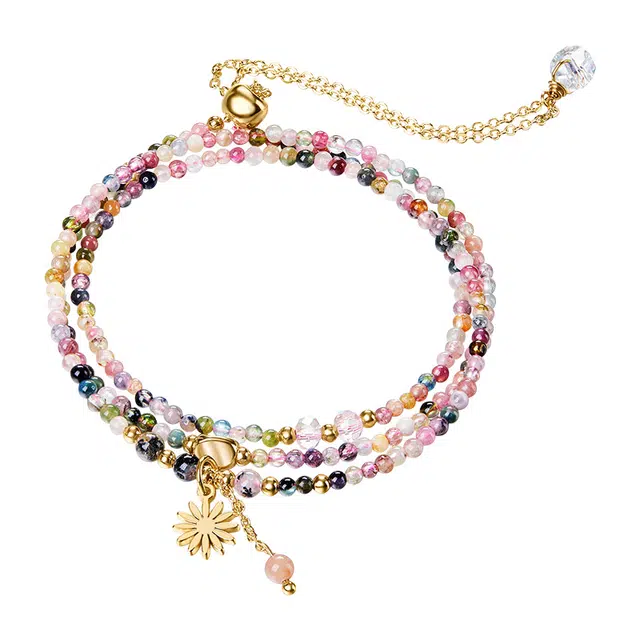 迷颂玛 少女感创意叠戴首饰 新中式国潮精致轻奢民族风小众设计女生款三圈手链 闺蜜学生节日高级时尚可调节饰品手饰 碧玺 手串 女款