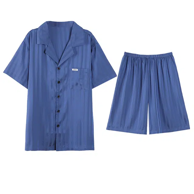 俏薇妮 翻领条纹舒适短袖短裤睡衣套装 男款 深天蓝
