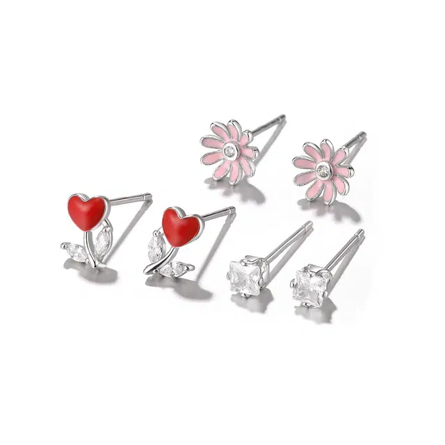 珂里 小雏菊花朵三件套 环保铜 合成立方氧化锆 滴油 耳钉 女款