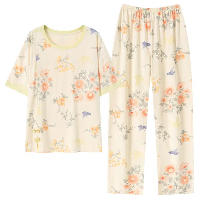 雅鹿 新中式印花天蓝短袖上衣松紧腰短裤睡衣套装 女款 浅黄色