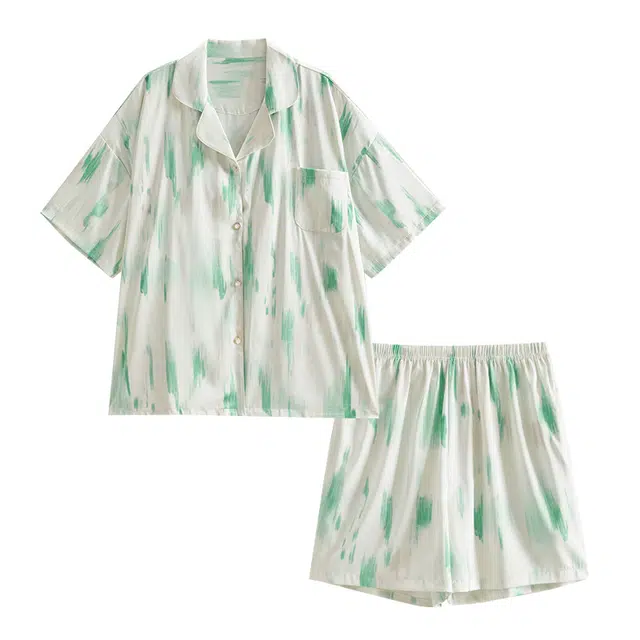 歌倩雅 带胸垫翻领短袖松紧腰短裤夏天可外穿家居服睡衣套装 女款 白色