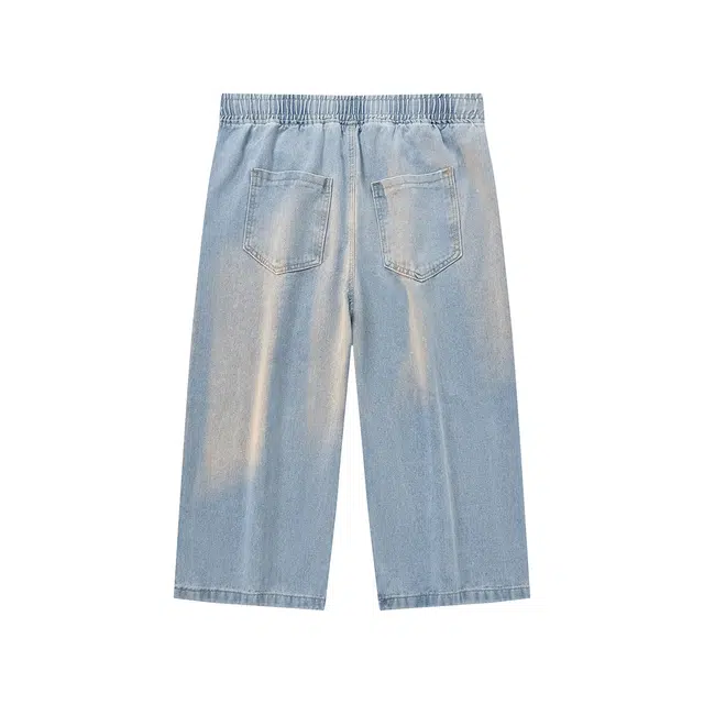 雅鹿 夏季新潮七分裤宽松直筒系带做旧短裤牛仔裤 男女同款