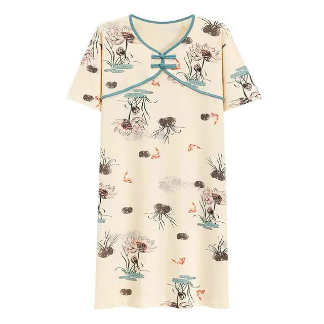 睦隆世家 国风花卉印花休闲短袖睡裙 女款 杏色