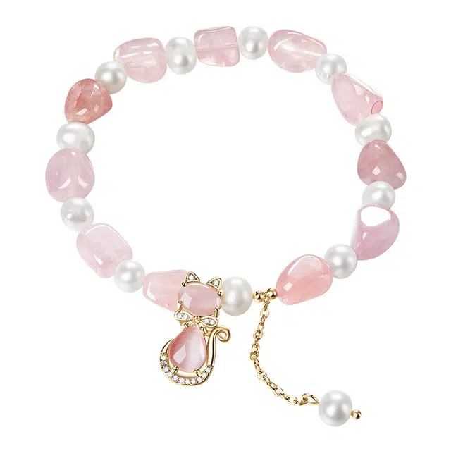 迷颂玛 小清新粉嫩手串少女感创意时尚草莓晶串珠首饰 学生闺蜜仪式感可爱猫咪吊坠 水晶 百搭简约甜美珍珠手饰 女款 精美礼盒礼品