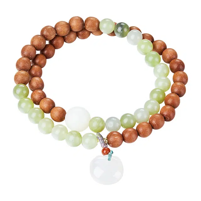 迷颂玛 新中式古风青玉圆珠檀木手串 禅意气质简约民族风设计小众手链 闺蜜复古百搭首饰礼品 玉髓 手饰 女款