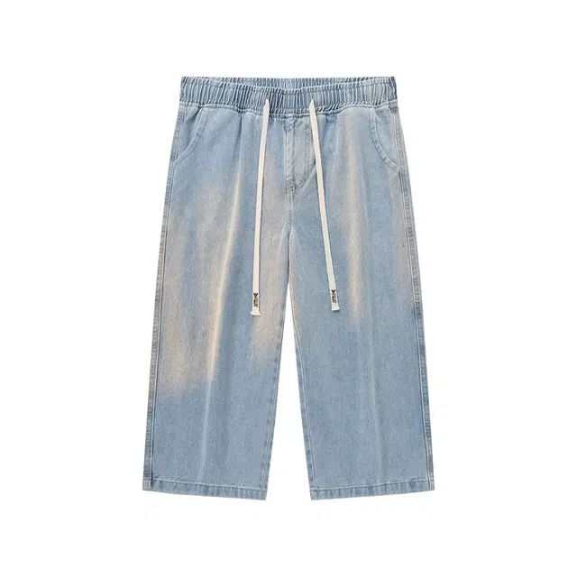 雅鹿 夏季新潮七分裤宽松直筒系带做旧短裤牛仔裤 男女同款