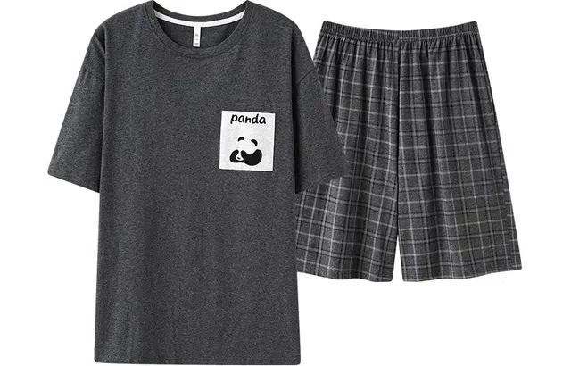 帕兰朵 熊猫字母简约上衣格子短裤睡衣套装 男款 深灰色