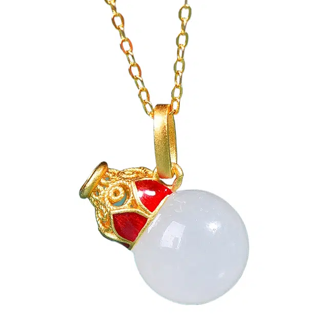 舒杰 古法银镶和田玉福禄双全项链 和田玉 中式国潮 葫芦 锁骨链女 男女同款情侣款 白玉