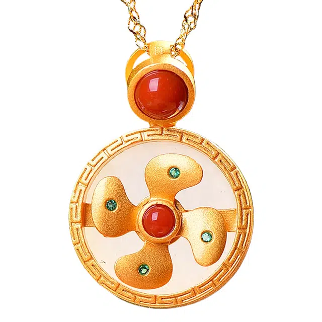 舒杰 古法银镶和田玉圆形风车 和田玉  南红 国潮小众设计 锁骨链  玉项链 男女同款情侣款 白玉