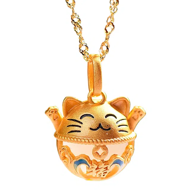 舒杰 古法银镶和田玉招财猫项链 和田玉 招财进宝 可爱萌宠 小众国潮设计 锁骨链 男女同款情侣款 白玉