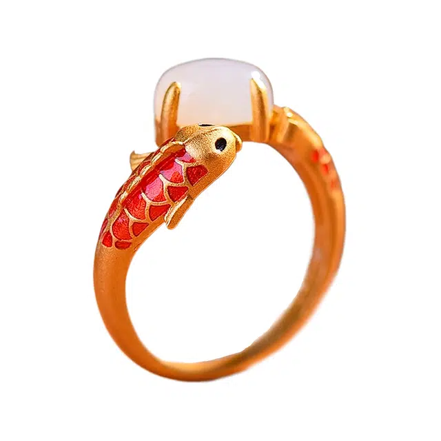 舒杰 古法银镶和田玉彩面连年有余 和田玉 戒指  平安  国潮小众 情侣对戒 男女同款情侣款 白玉