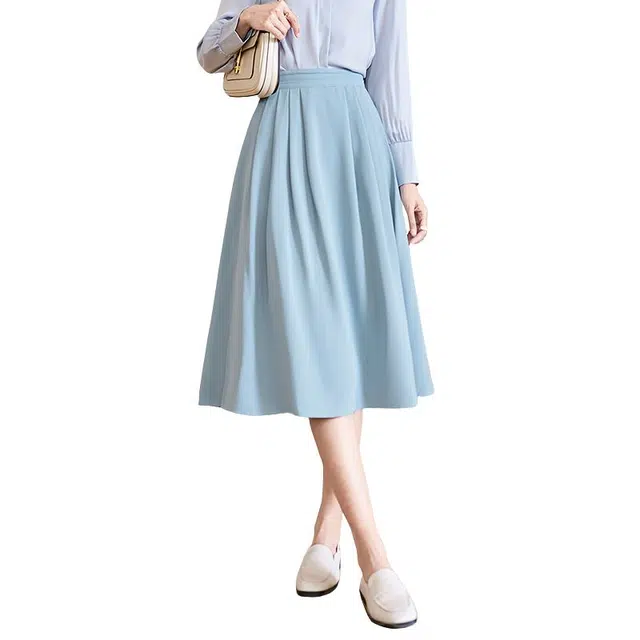 晚白 高腰通勤褶皱半身裙 女款 蓝色