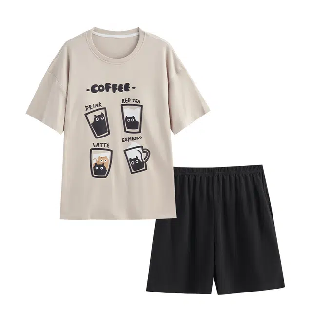 歌倩雅 宽松字母印花圆领短袖上衣松紧腰短裤睡衣套装 女款 卡其色