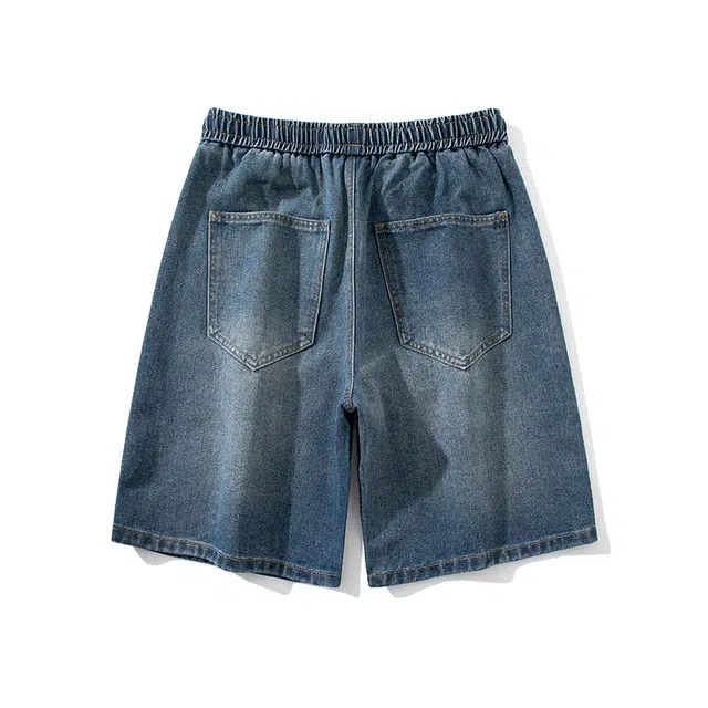 雅鹿 字母纯色松紧腰宽松百搭水洗耐磨休闲薄款牛仔短裤 男款