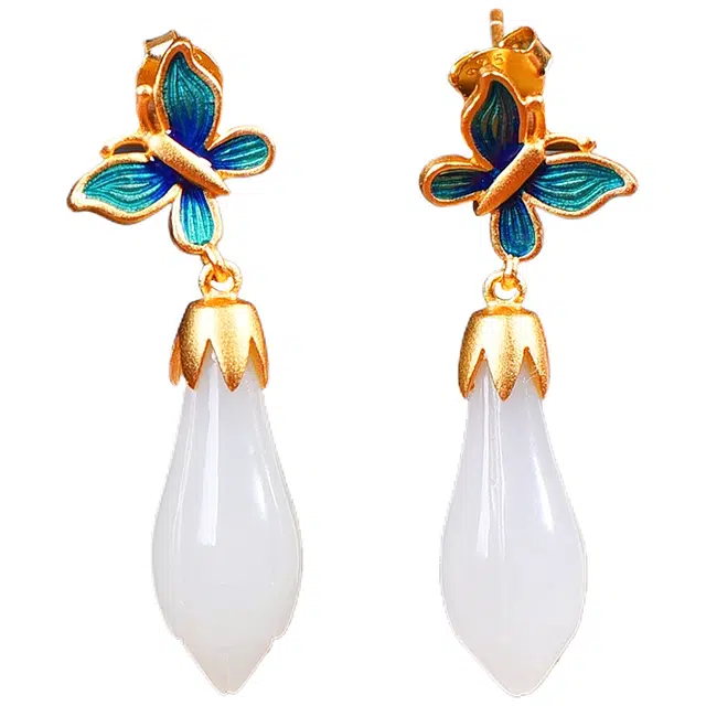 舒杰 古法银镶和田玉珐琅蝴蝶 和田玉 耳环  国潮高级感  森系蝴蝶  福 耳饰女 女款 白玉