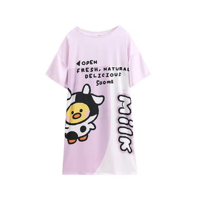 芬腾 可爱休闲字母卡通印花圆领短袖睡裙 女款 香芋紫