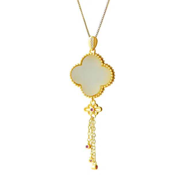 舒杰 古法银镶和田玉四叶草项链 和田玉 四叶草 锁骨链女 新中式国潮百搭项链 男女同款情侣款 白玉