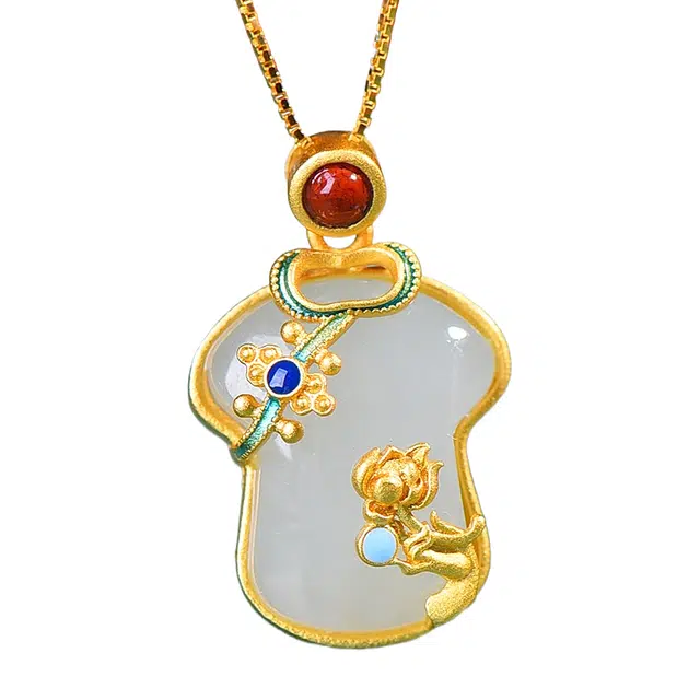 舒杰 古法银镶和田玉旗开得胜 和田玉 项链 新中式小众设计 锁骨链 玉项链 女款 白玉