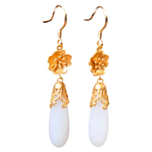 舒杰 古法银镶和田玉玉兰花 和田玉 耳环 国潮精美百搭 耳饰女 女款 白玉