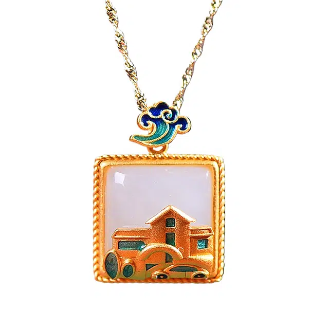 舒杰 古法银镶和田玉财源广进 和田玉 项链 小众国潮 锁骨链女 男女同款情侣款 白玉