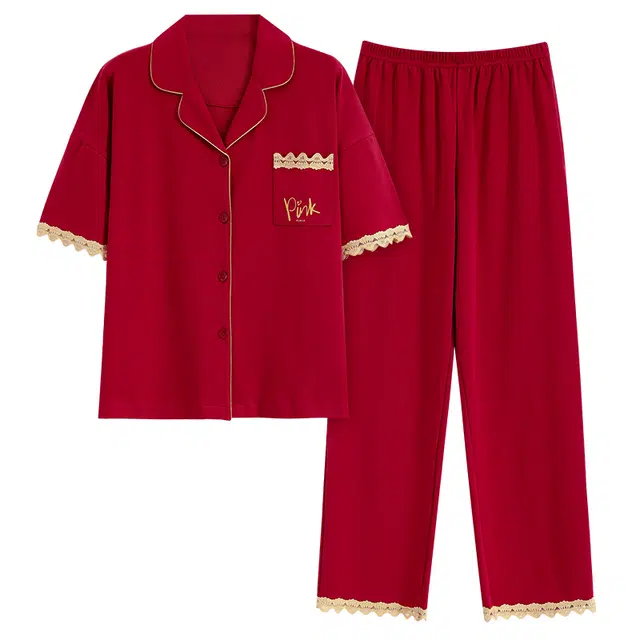 睦隆世家 翻领短袖长裤亲肤休闲可外穿睡衣套装 女款 红色