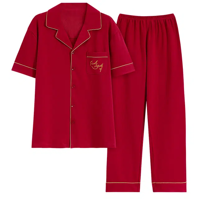 睦隆世家 亲肤透气可外穿翻领开衫短袖长裤睡衣套装 男款 红色