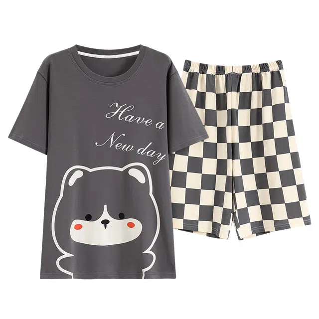 睦隆世家 休闲宽松舒适亲肤卡通印花圆领套头短袖上衣格子松紧腰短裤睡衣套装 男款 深灰色