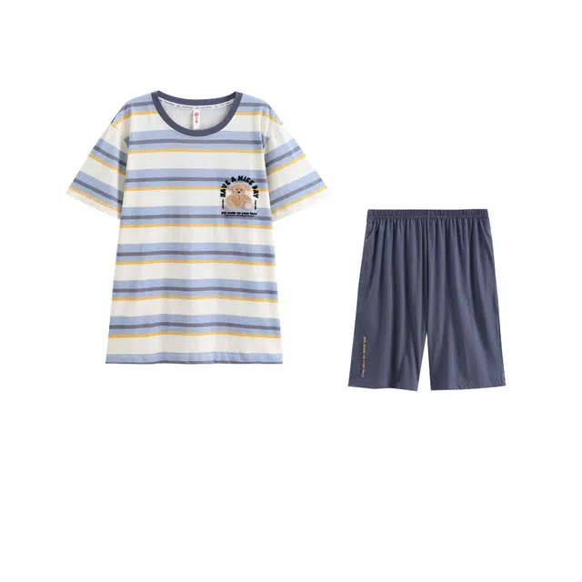 芬腾 宽松休闲卡通条纹圆领套头短袖上衣松紧腰短裤睡衣套装 男款 兰条