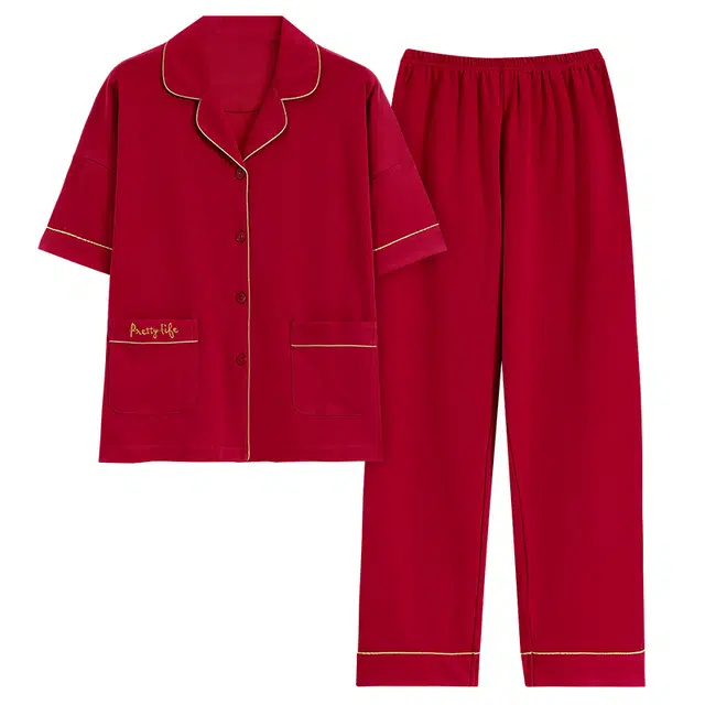 睦隆世家 舒适翻领短袖长裤亲肤休闲可外穿睡衣套装 女款 红色