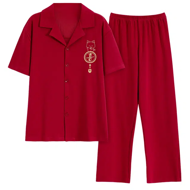 睦隆世家 肤可外穿卡通文字印花翻领开衫短袖上衣松紧腰长裤睡衣套装 男款 红色