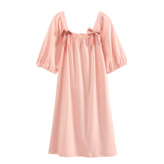 芬腾 宽松蝴蝶结方领中长款五分袖睡裙 女款