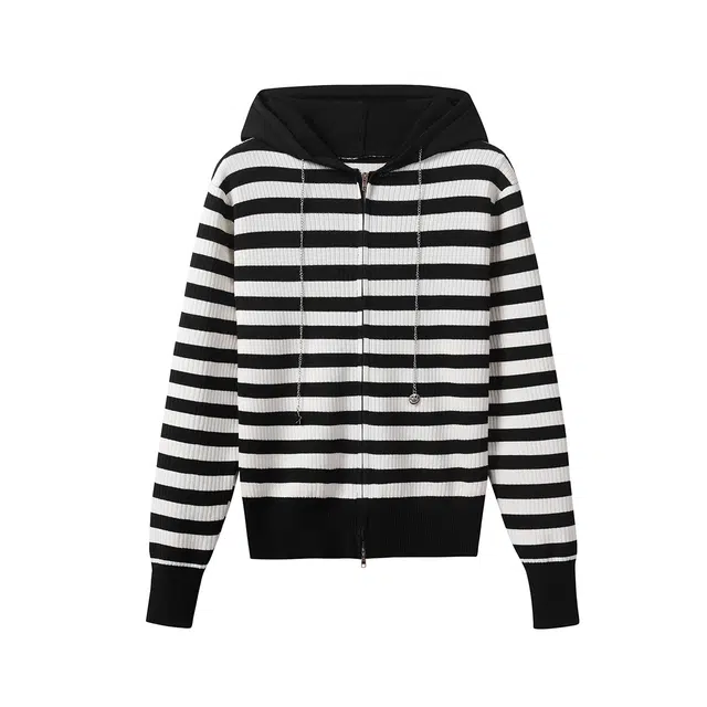 星期六 时尚条纹连帽拉链长袖针织衫 女款