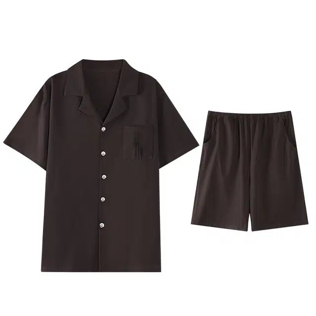 歌倩雅 夏季纯棉开衫短袖简约休闲短裤加大码全棉家居服睡衣套装 男款