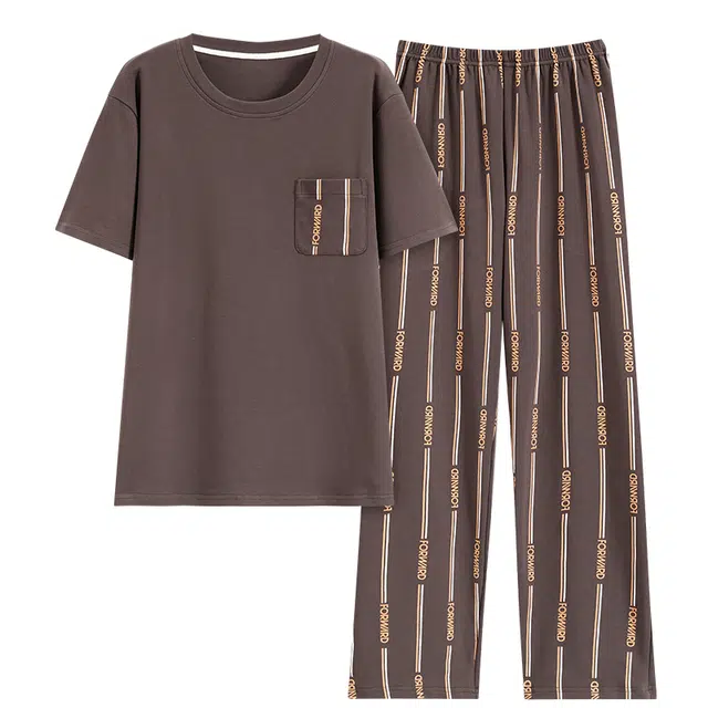 俏佳人 纯棉圆领口袋舒适短袖松紧长裤睡衣套装 男款 咖啡色