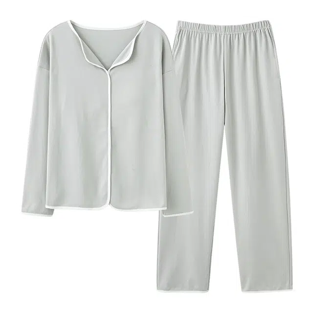 欧迪芬 纯棉翻领纯色舒适透气睡衣套装 女款 绿色