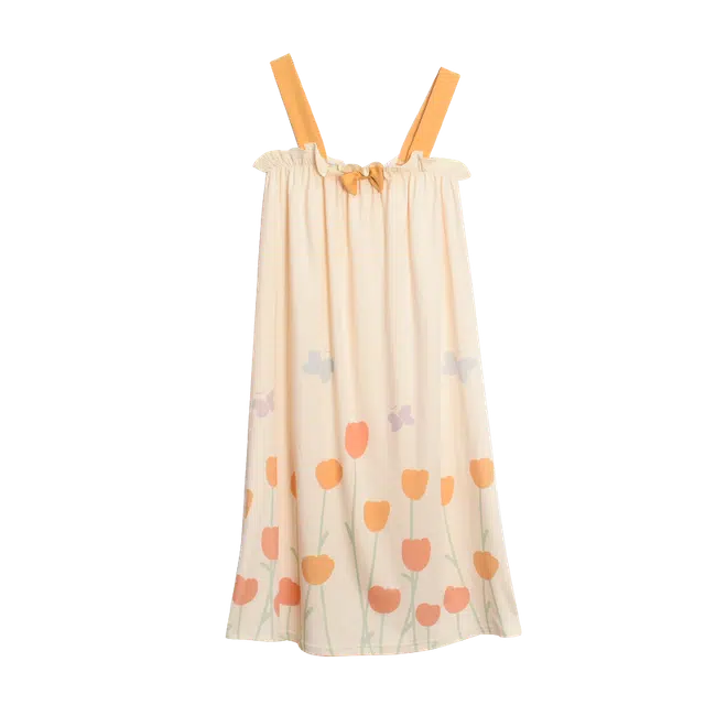 俏佳人 甜美可爱休闲宽松郁金香印花可外穿吊带无袖吊带睡裙 女款 杏色