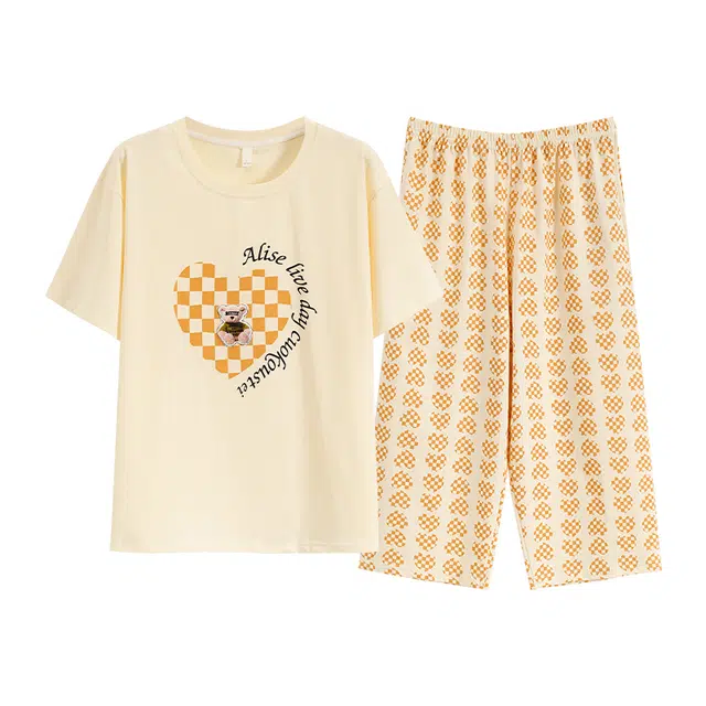 俏佳人 夏季薄款短袖甜美清新休闲七分裤睡衣套装 女款