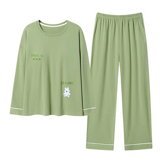欧迪芬 柔软舒适透气圆领长袖上衣松紧腰长裤睡衣套装 女款 绿色