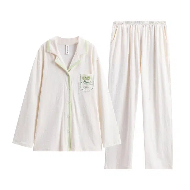 芬腾 薄款透气简约翻领开衫长袖上衣松紧腰长裤睡衣套装 女款 米杏