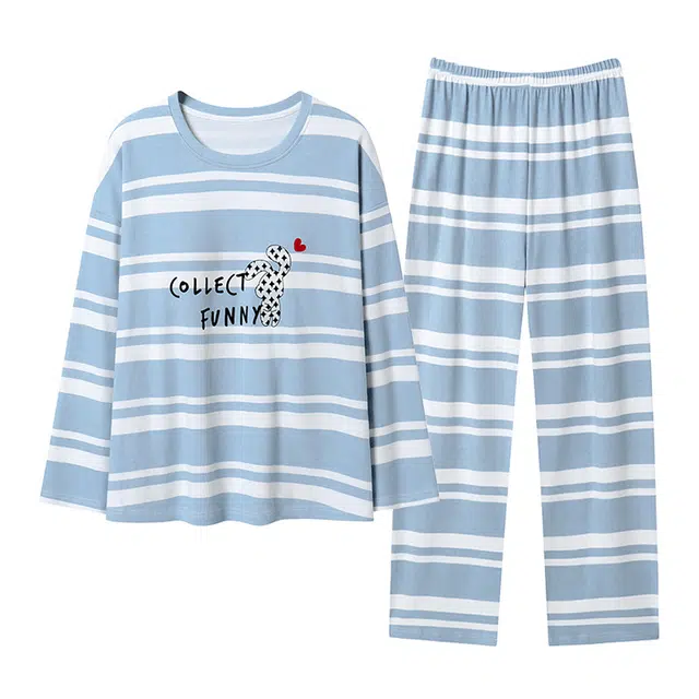 欧迪芬 纯棉圆领字母印花条纹长袖睡衣套装 女款 蓝色